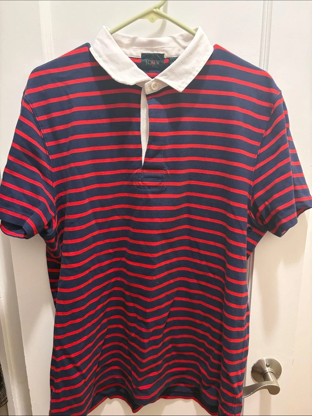 J. Crew Red & Navy Striped Rugby Polo with White Collar